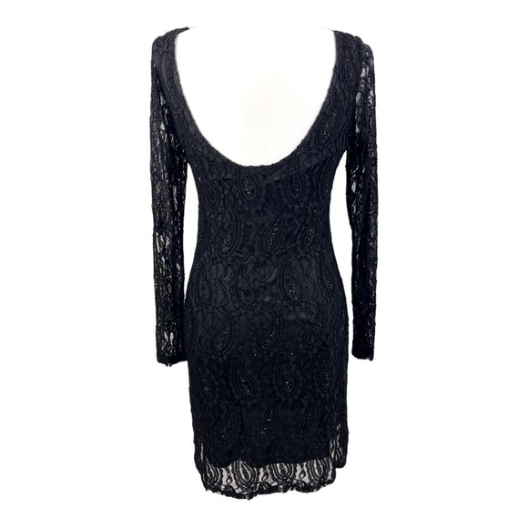 CURE Black Lace Bodycon Mini Dress Medium Scoop Back Long Sleeve Glitter Sheer - Picture 3 of 15